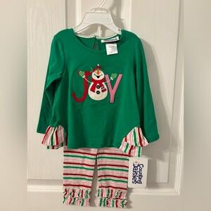 Green 'Joy' Snowman Baby girl (18months) pants and top for Xmas
